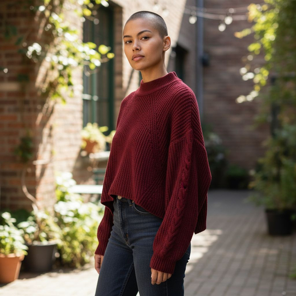 bp Sweaters - BP Balloon Cable Knit Sleeve Raglan Mock Neck Oversized Sweater in Maroon